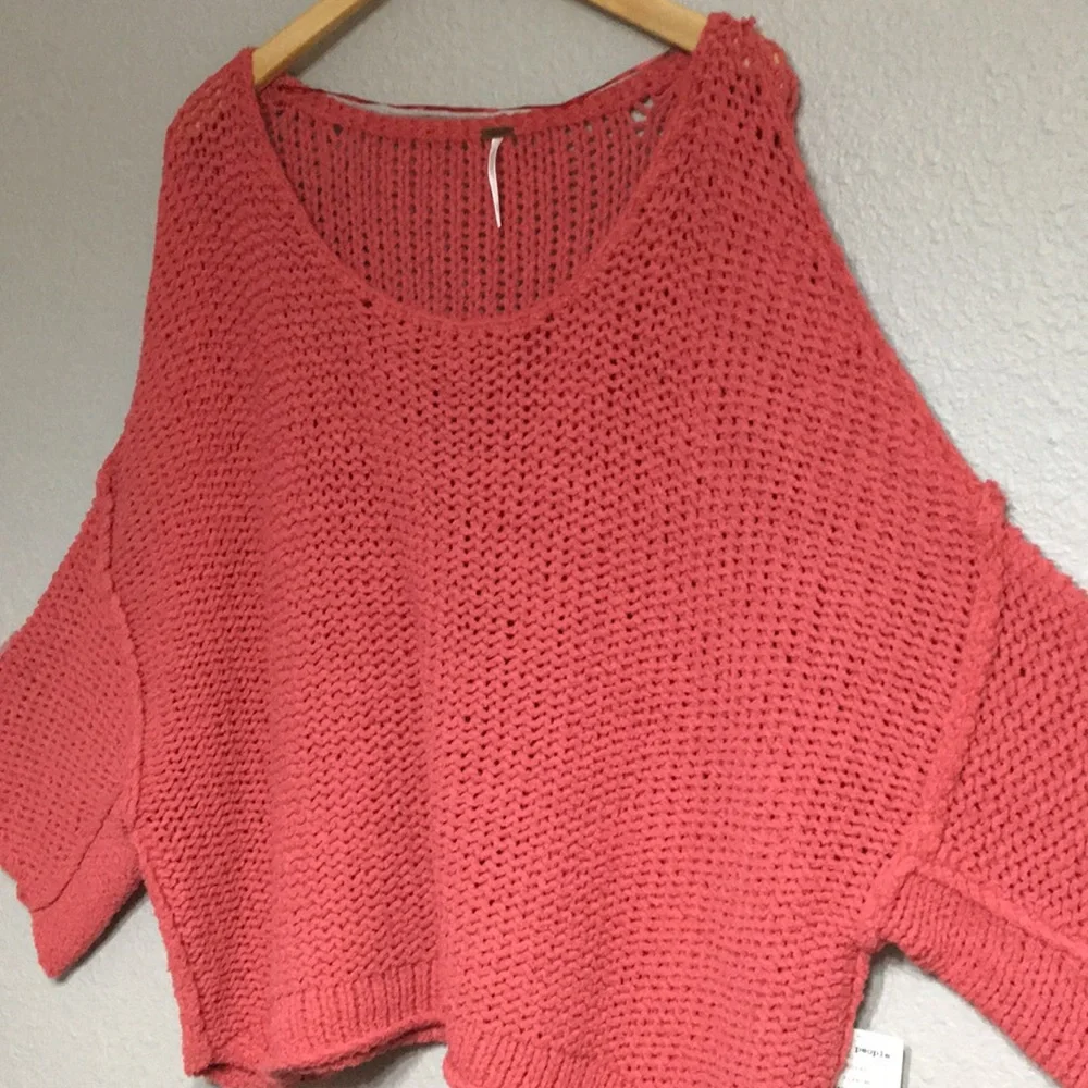 Free People Coral Open-Knit Scoop Neck Sweater
